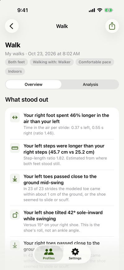 The app's notes on what stood out in one walk. The first two read: your right foot spent 46% longer in the air than your left (0.37 versus 0.55 seconds), and your left steps were longer than your right steps (45.7 versus 25.2 centimeters).